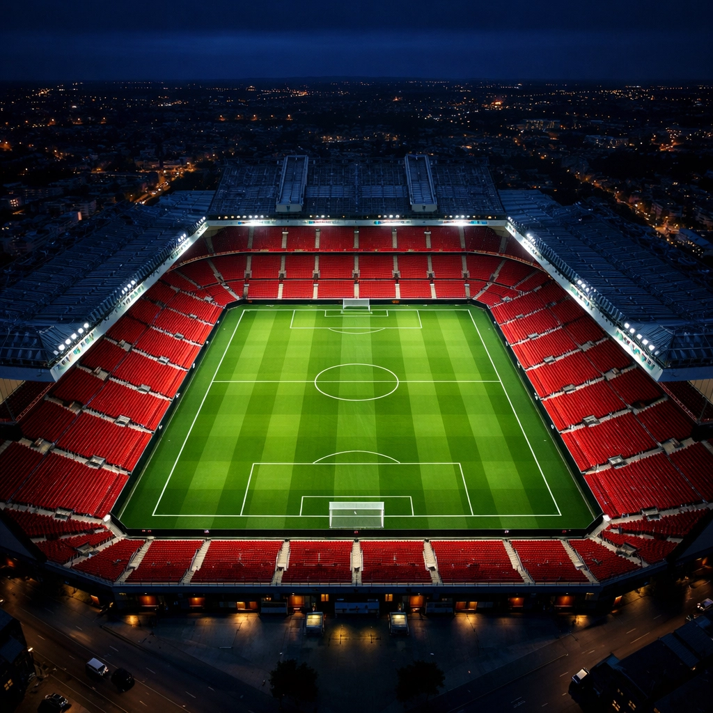 Englisches Fußballstadion bei Nacht als Symbol für professionelle Spieltags-Analysen.