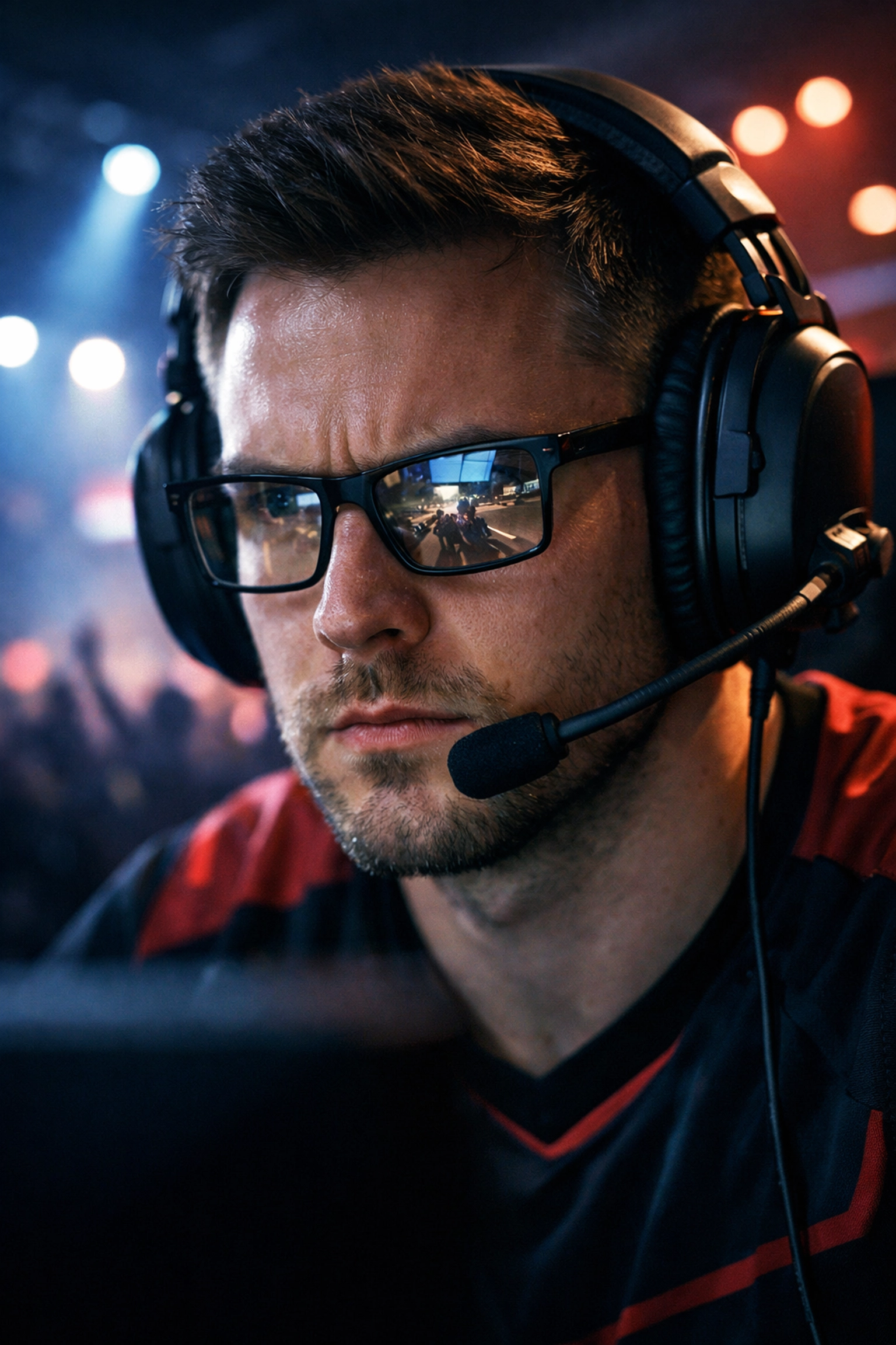 Fokussierter E-Sports Profi während eines Turniers zeigt mentalen Clutch-Faktor unter Druck.