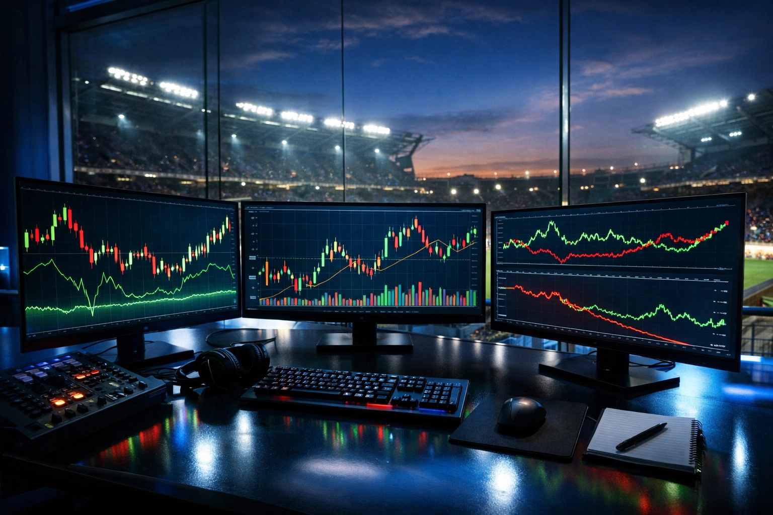 Marktdynamik und Quotenanalyse auf Monitoren mit Blick auf ein beleuchtetes Fußballstadion.