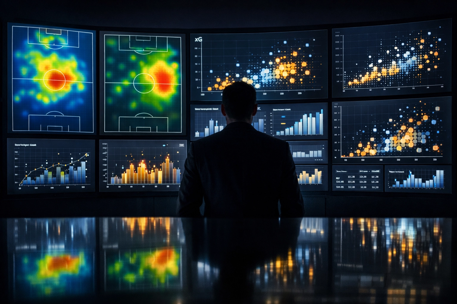 Experte analysiert Smart Money und xG-Metriken auf Daten-Monitoren.