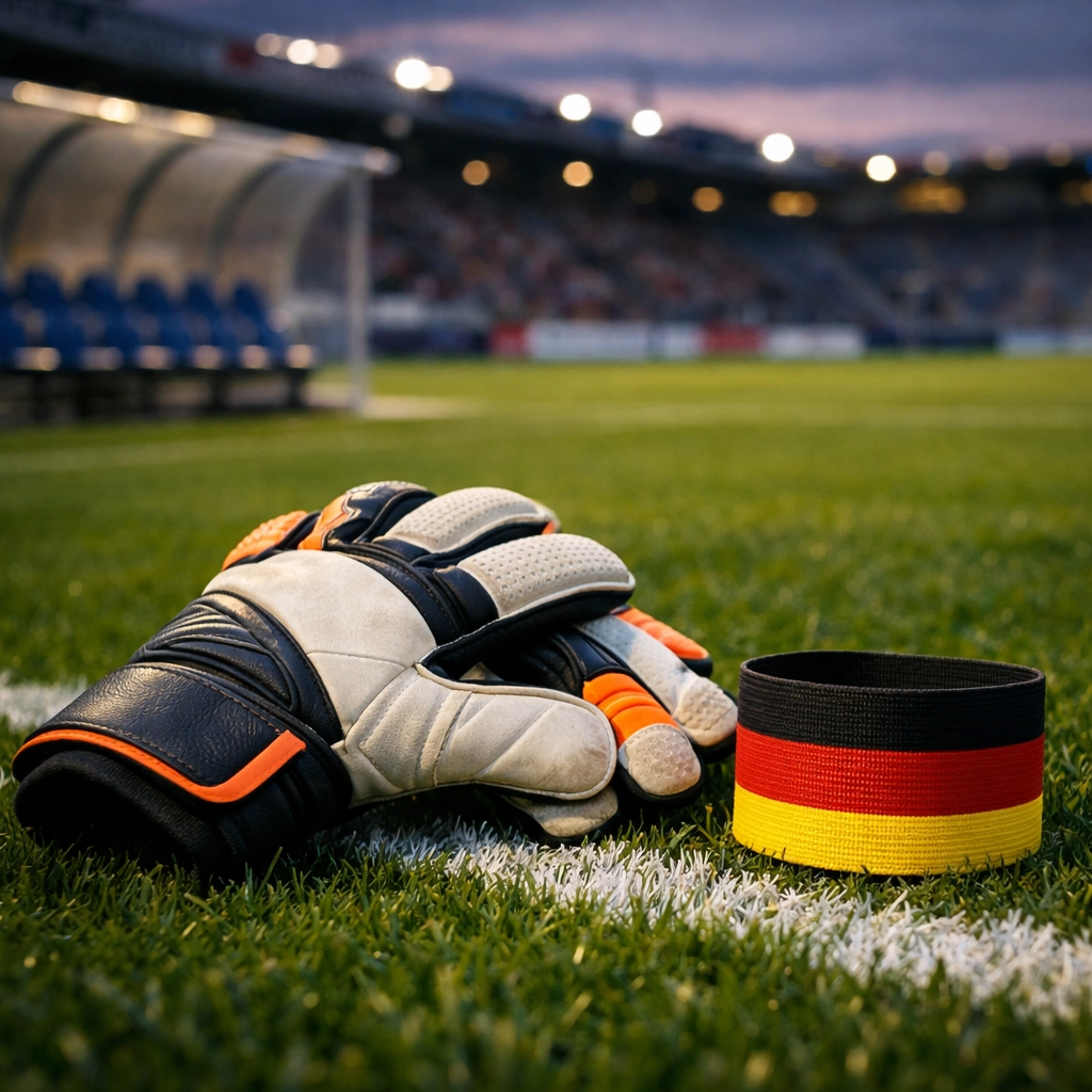 Torwart-Handschuhe und Kapitänsbinde als Symbole für den FC Bayern Kader vor dem Spiel gegen Atalanta.