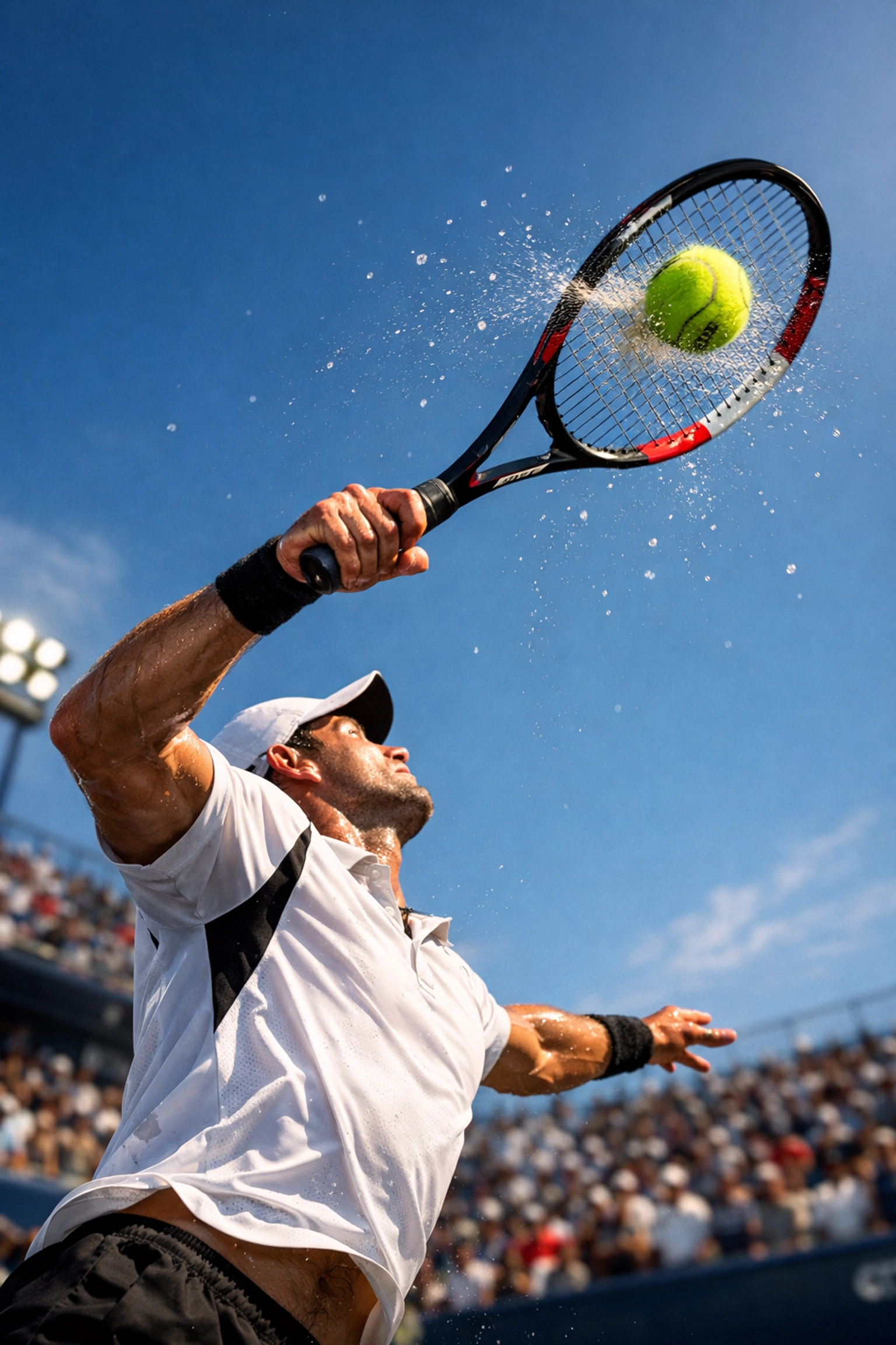 Kraftvoller Tennis-Aufschlag eines Profis als zentrales Element der taktischen Analyse für Over/Under Wetten.