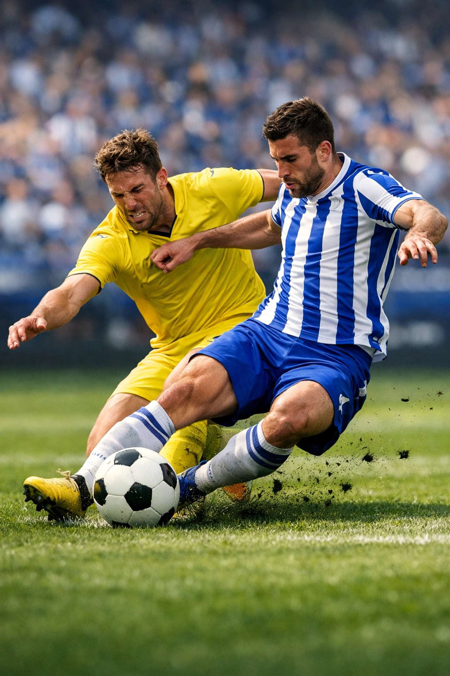 Intensiver Zweikampf zwischen Spielern von Villarreal und Real Sociedad während der Taktikschlacht.