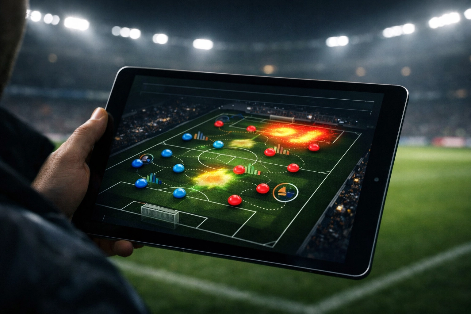 Taktische Fußball-Analyse mit Heatmaps auf einem Tablet zur Berechnung von Wahrscheinlichkeiten