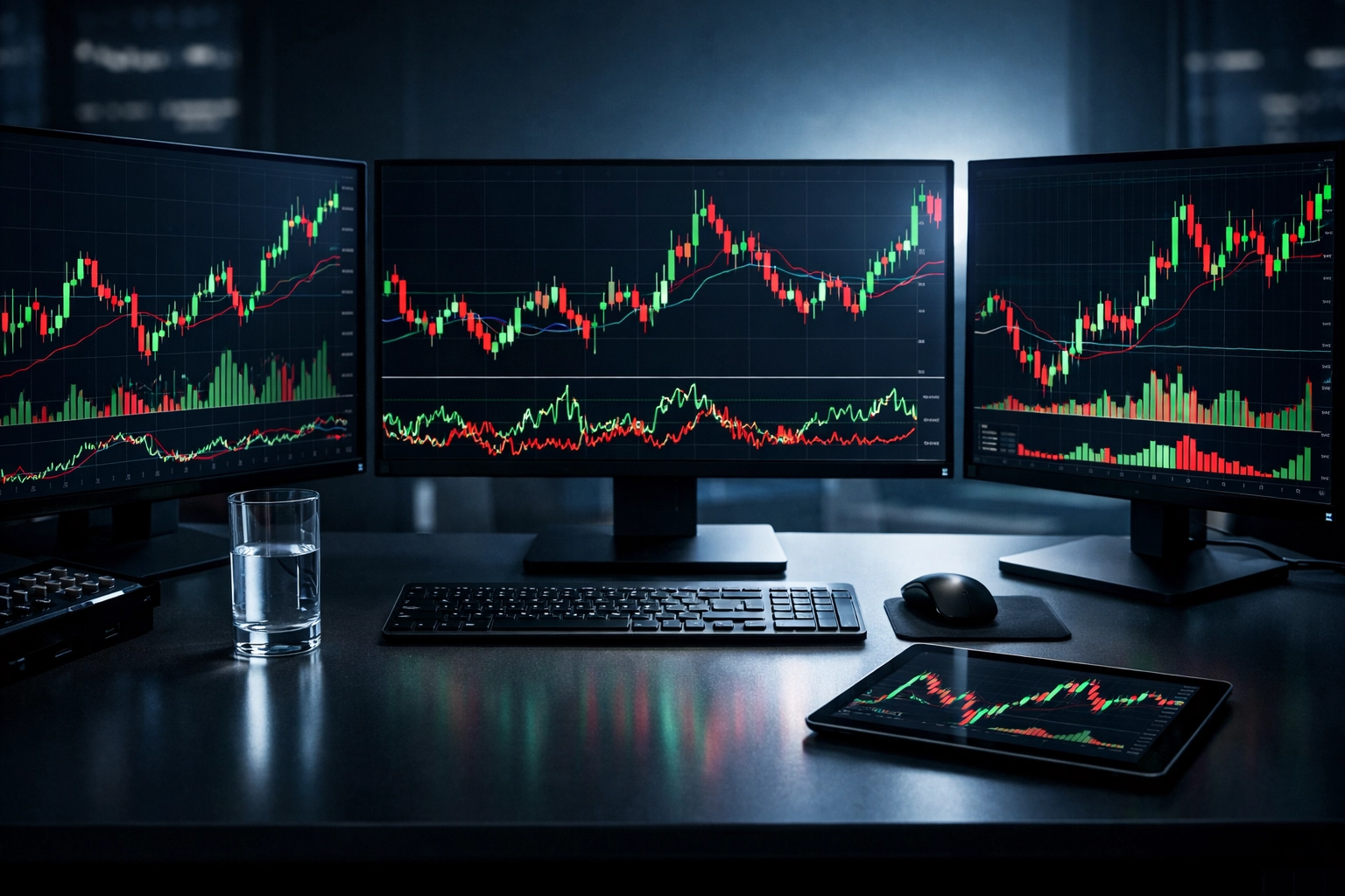 Monitore mit Liniendiagrammen zur Analyse massiver Marktbewegungen und Quoten-Einbrüche.