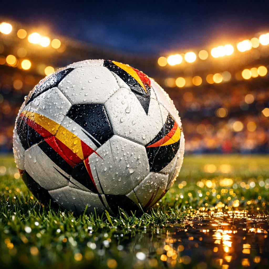 Fußball auf nassem Rasen im Flutlicht für Analysen zum Madrider Derby