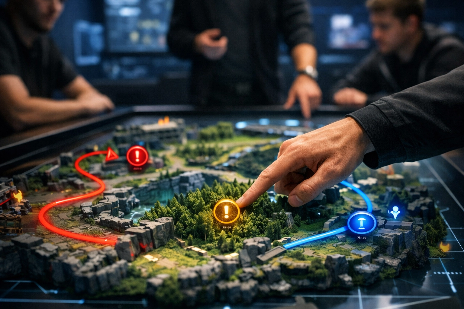 Taktische Besprechung einer Dota 2 Strategie auf einer digitalen Map für präzise E-Sports Prognosen.