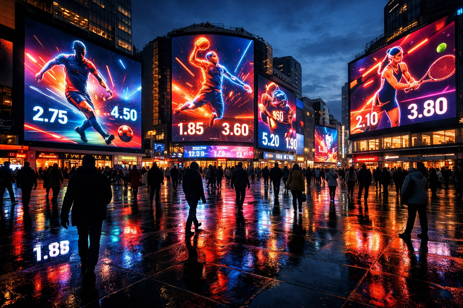 Leuchtende Werbetafeln mit Sportwetten-Quoten in einer modernen Innenstadt bei Nacht.