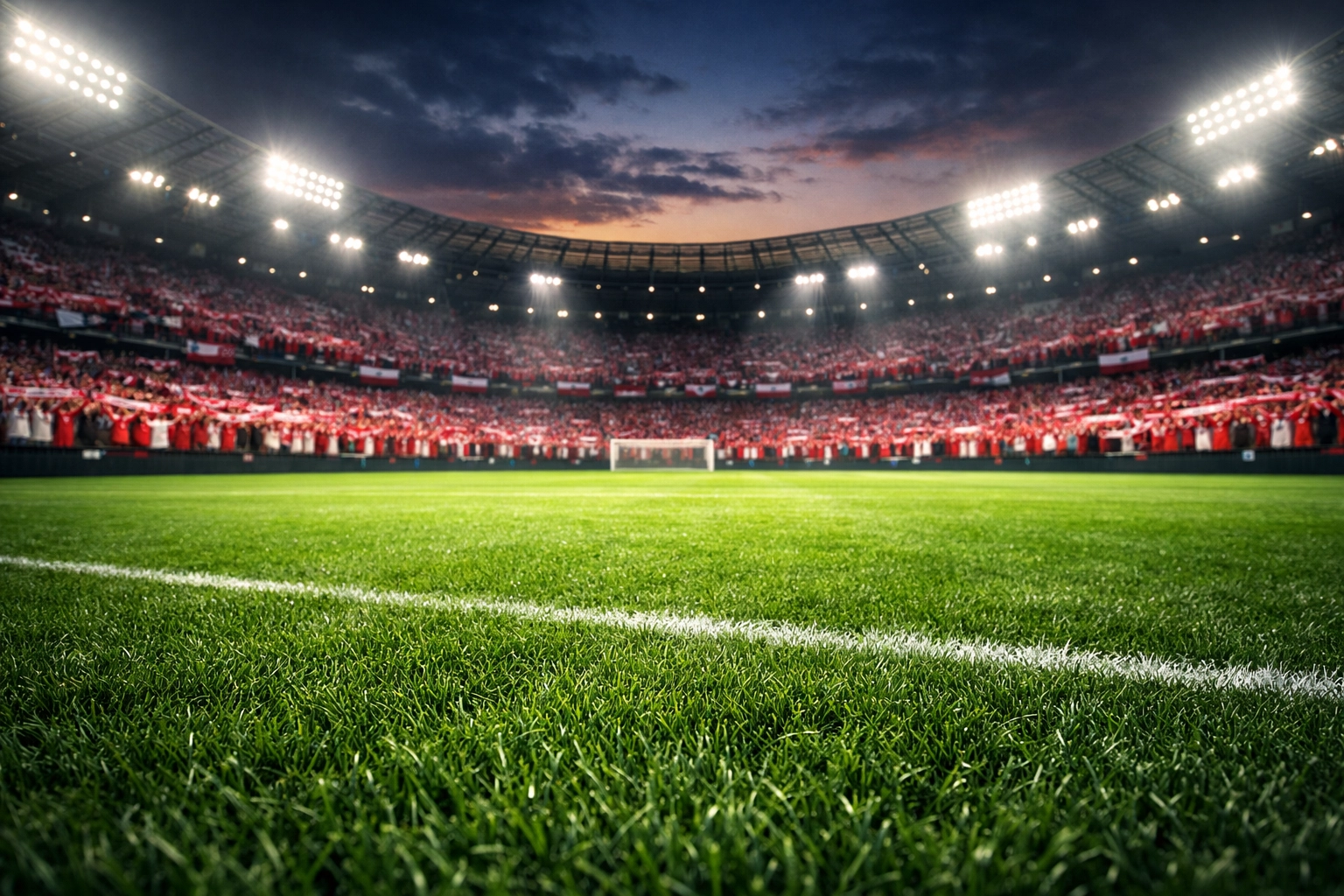 Modernes Fußballstadion in Polen unter Flutlicht während der WM-Qualifikation.