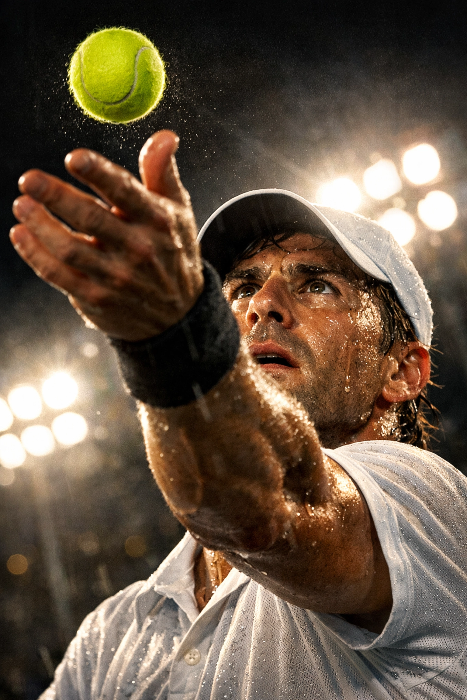 Konzentrierter Tennisspieler beim Aufschlag zur Analyse mentaler Stärke und Druckmomenten.