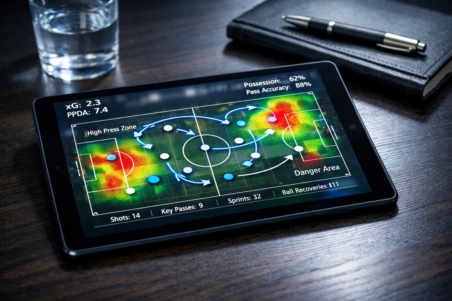 Professionelle Taktikanalyse der Bundesliga mit xG-Statistiken auf einem Tablet.
