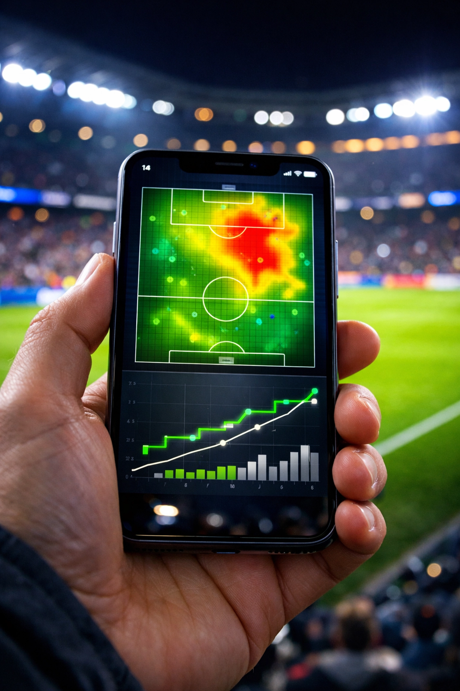 Smartphone mit Live-Statistiken und xG-Werten in einem beleuchteten Fußballstadion.