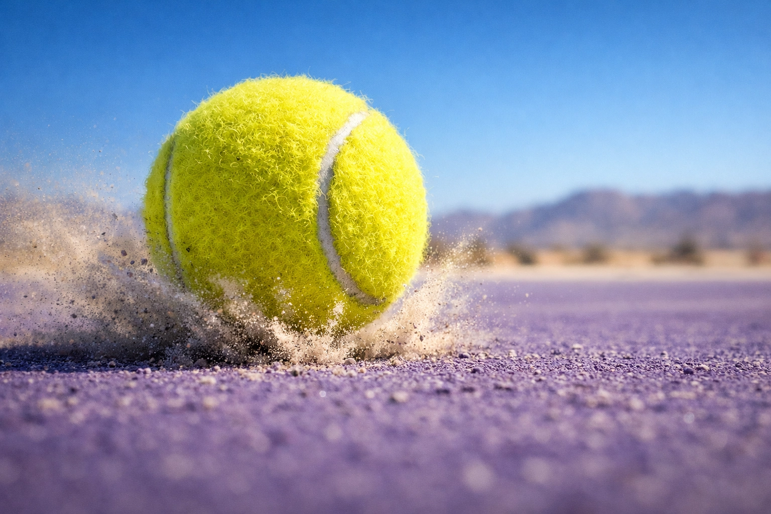 Tennisball auf einem lila Hartplatz für datenbasierte ATP und WTA Tennis Prognosen.