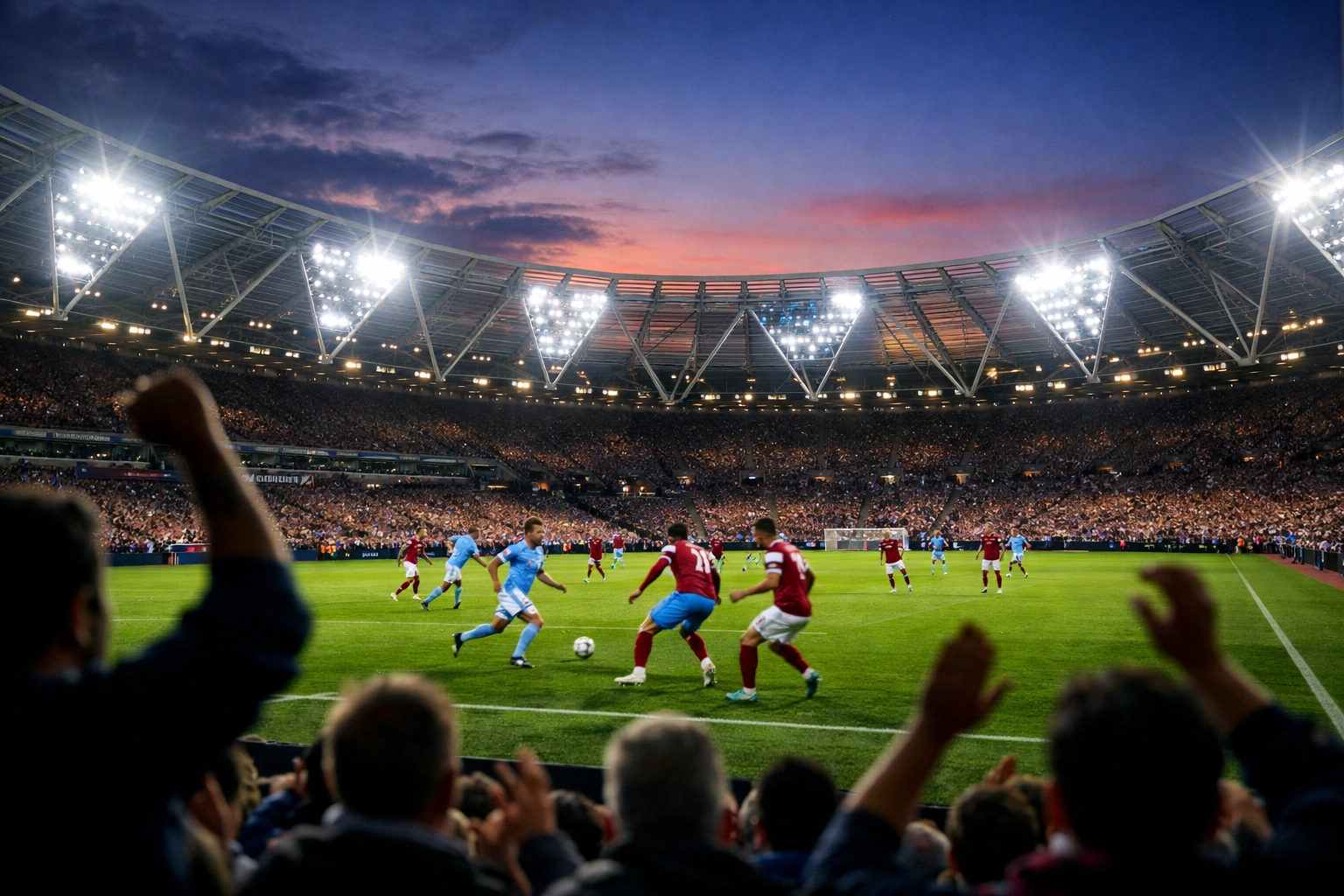 Abendstimmung im London Stadium während des Premier League Duells West Ham gegen Manchester City.