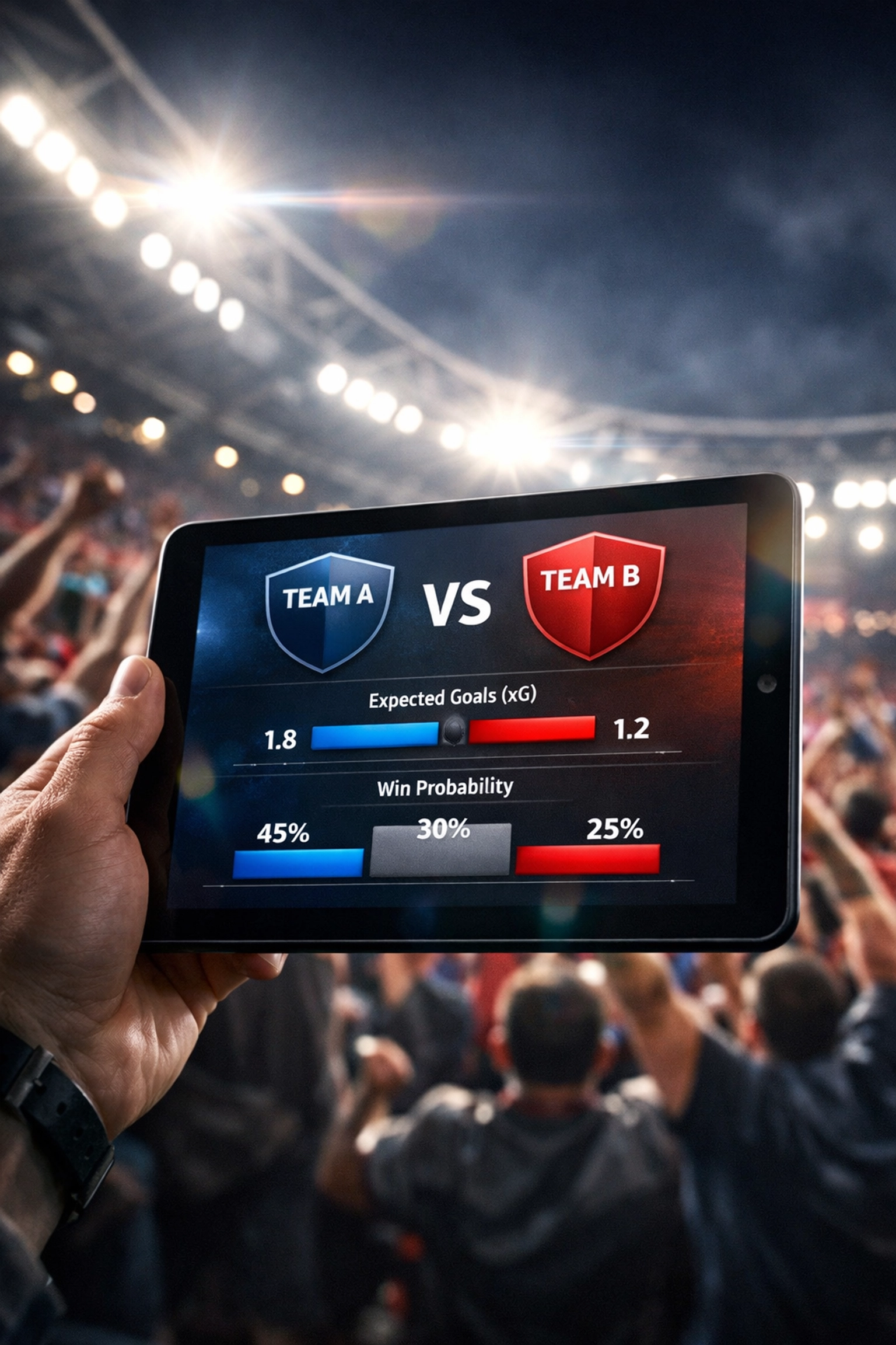 Vergleich von xG-Daten und Marktwahrscheinlichkeiten auf einem Tablet während eines Fußballspiels.