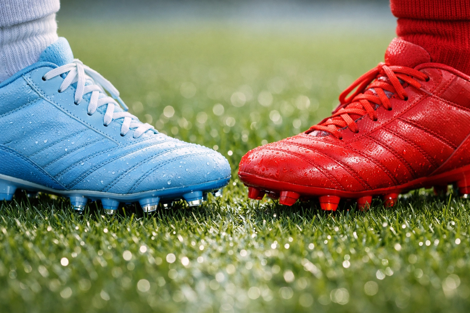 Fußballschuhe auf dem Rasen passend zum Clásico zwischen Real Madrid und dem FC Barcelona.