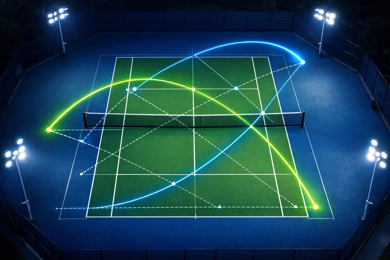 Visualisierung von Ballflugbahnen auf einem Tennisplatz zur datengestützten Analyse.