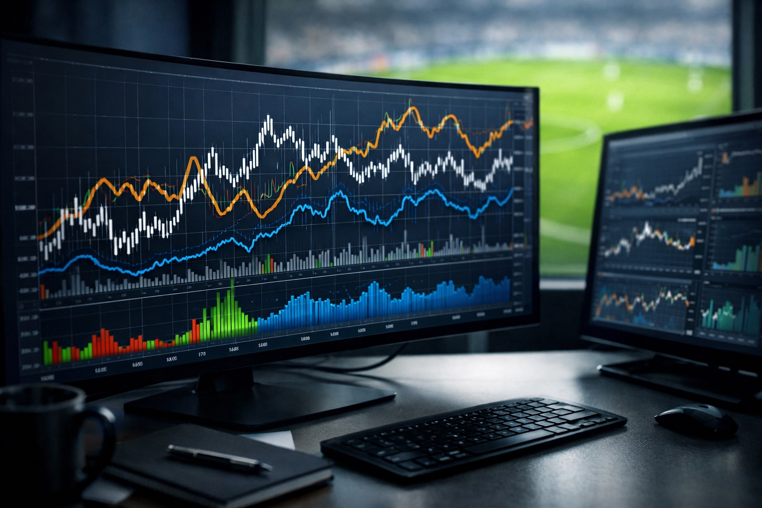 Professionelle Workstation zur Analyse von Quotenbewegungen und Marktreaktionen bei Live-Wetten.