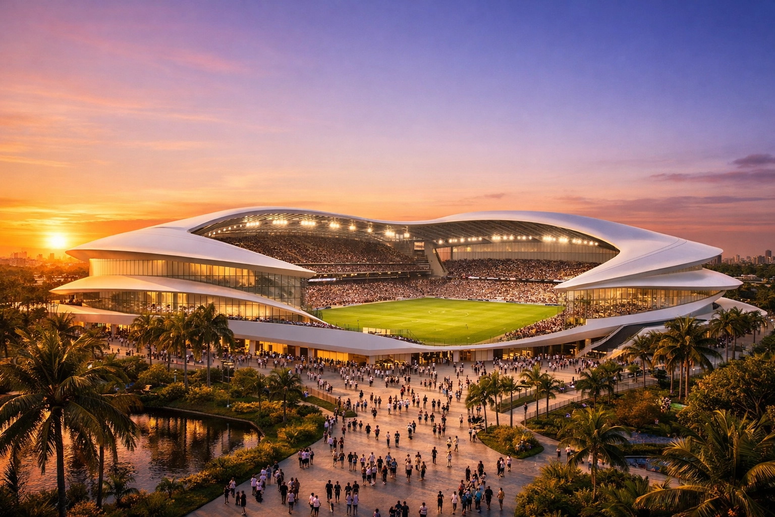 Das neue Stadion Miami Freedom Park bei Sonnenuntergang am Spieltag gegen Austin FC.