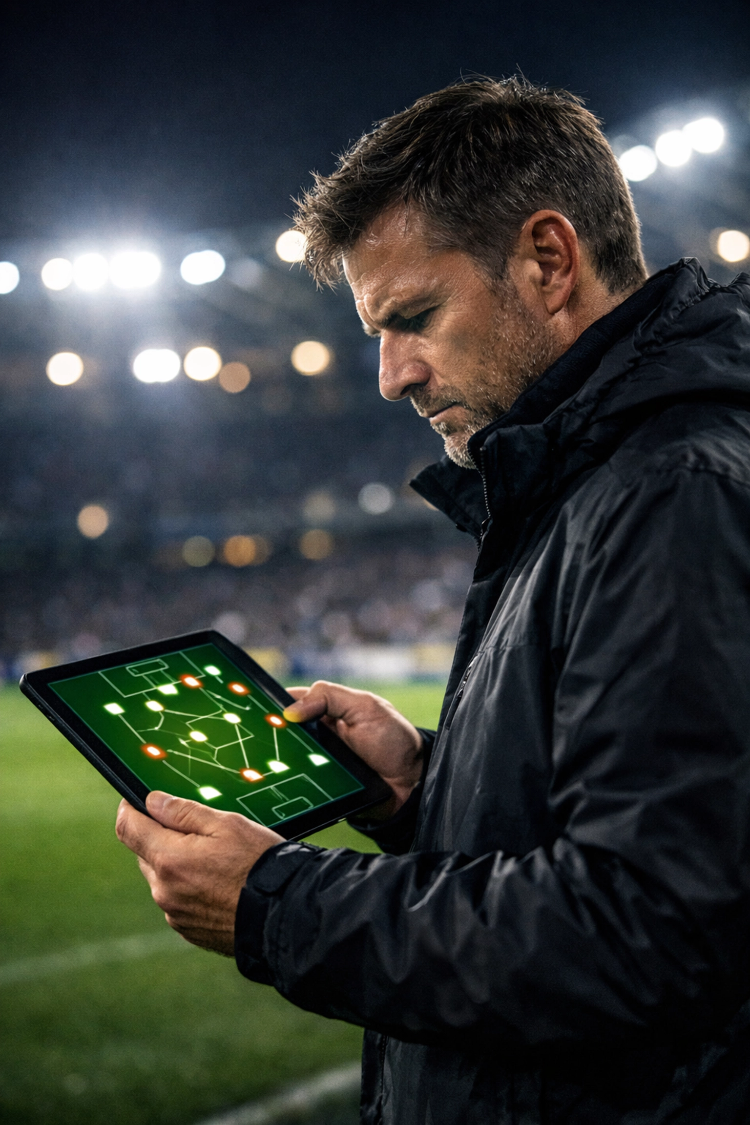 Fußballtrainer analysiert taktische Spielzüge auf einem Tablet im Stadion für fundierte Sportwetten Analysen.