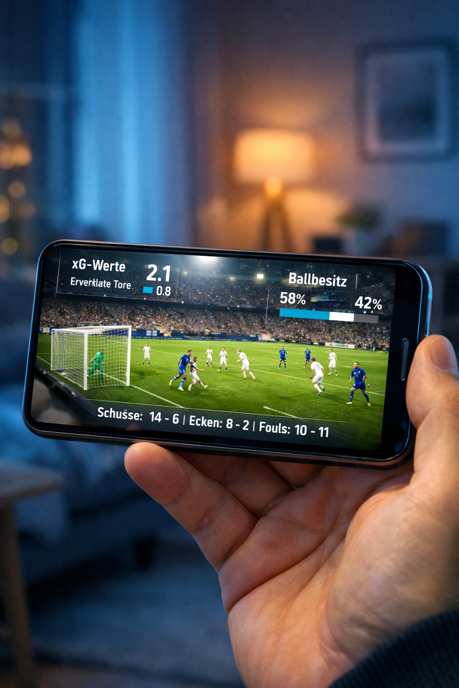 Smartphone-Display mit Live-Fußball-Statistiken und xG-Daten für In-Play-Analysen.