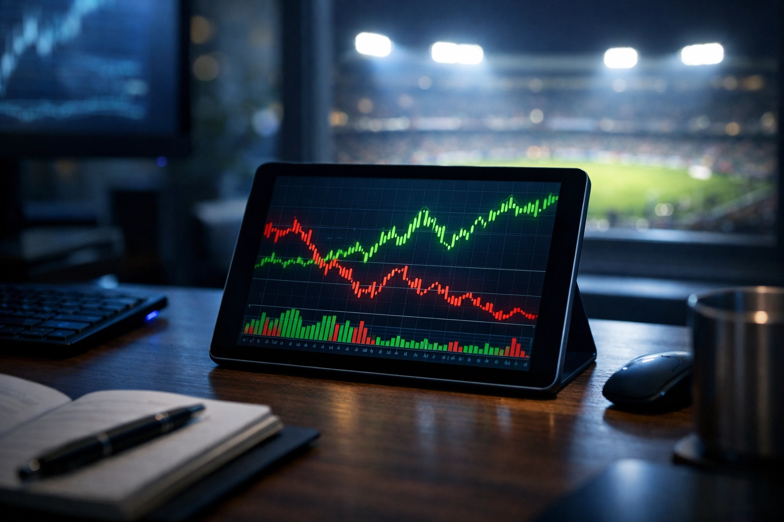 Analyse von Quotenbewegungen und Markttrends auf einem Tablet am Stadion.