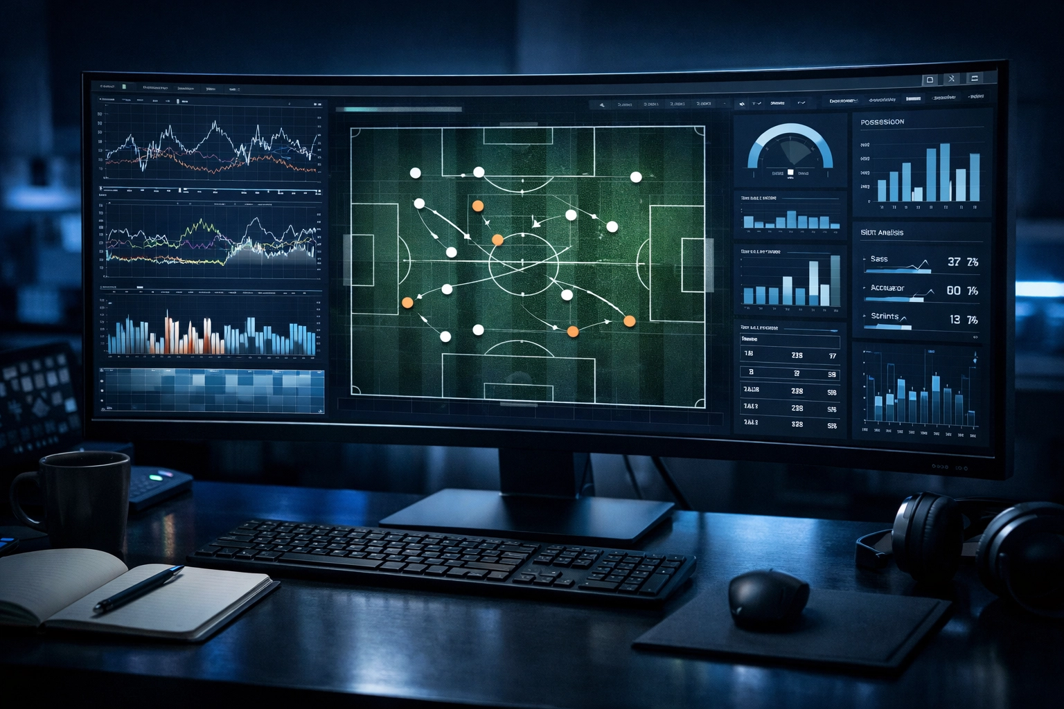 Analyse von Live-Daten und taktischen Statistiken auf einem Monitor für Sportwetten.