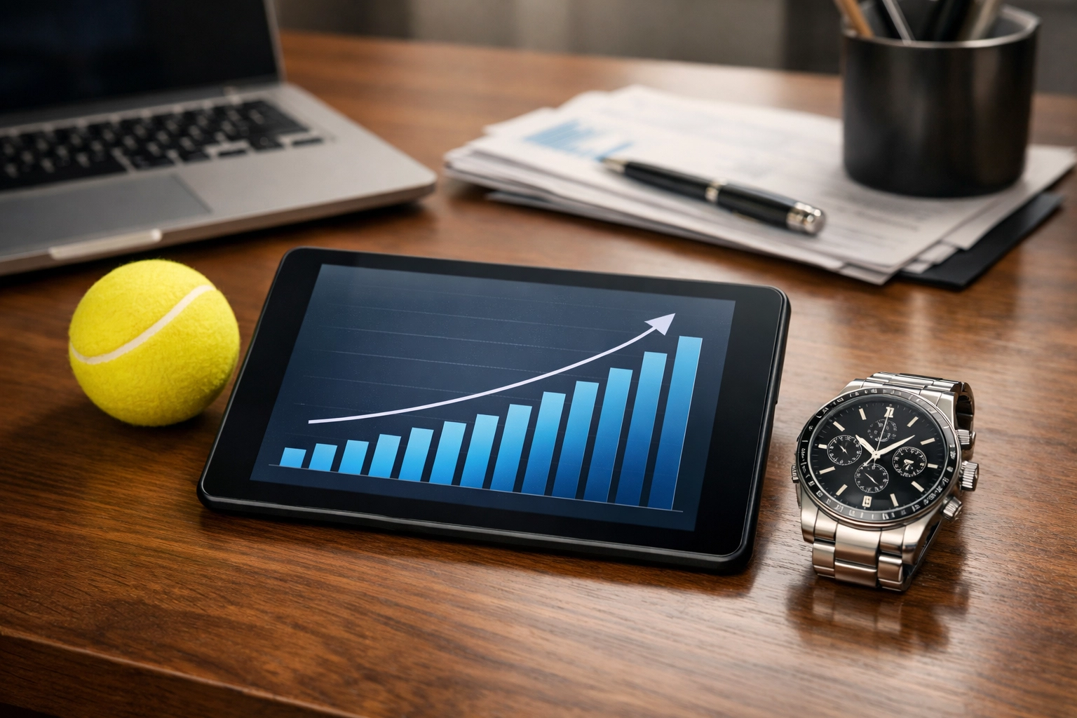 Tablet mit Statistik-Charts und Tennisball als Symbol für präzises Bankroll-Management.