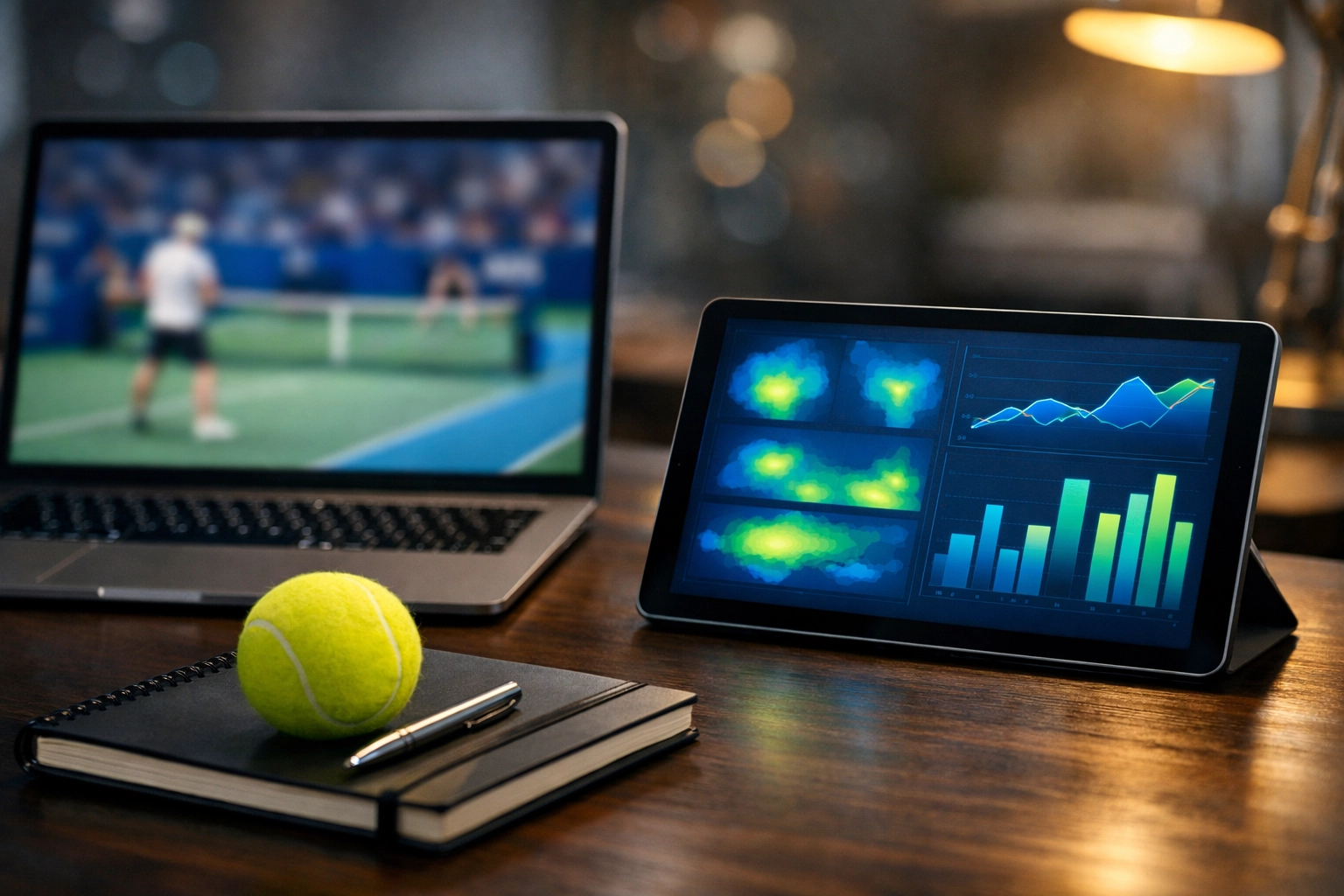 Datenbasierte Tennis-Analyse mit Statistiken und Performance-Graphen am Arbeitsplatz.