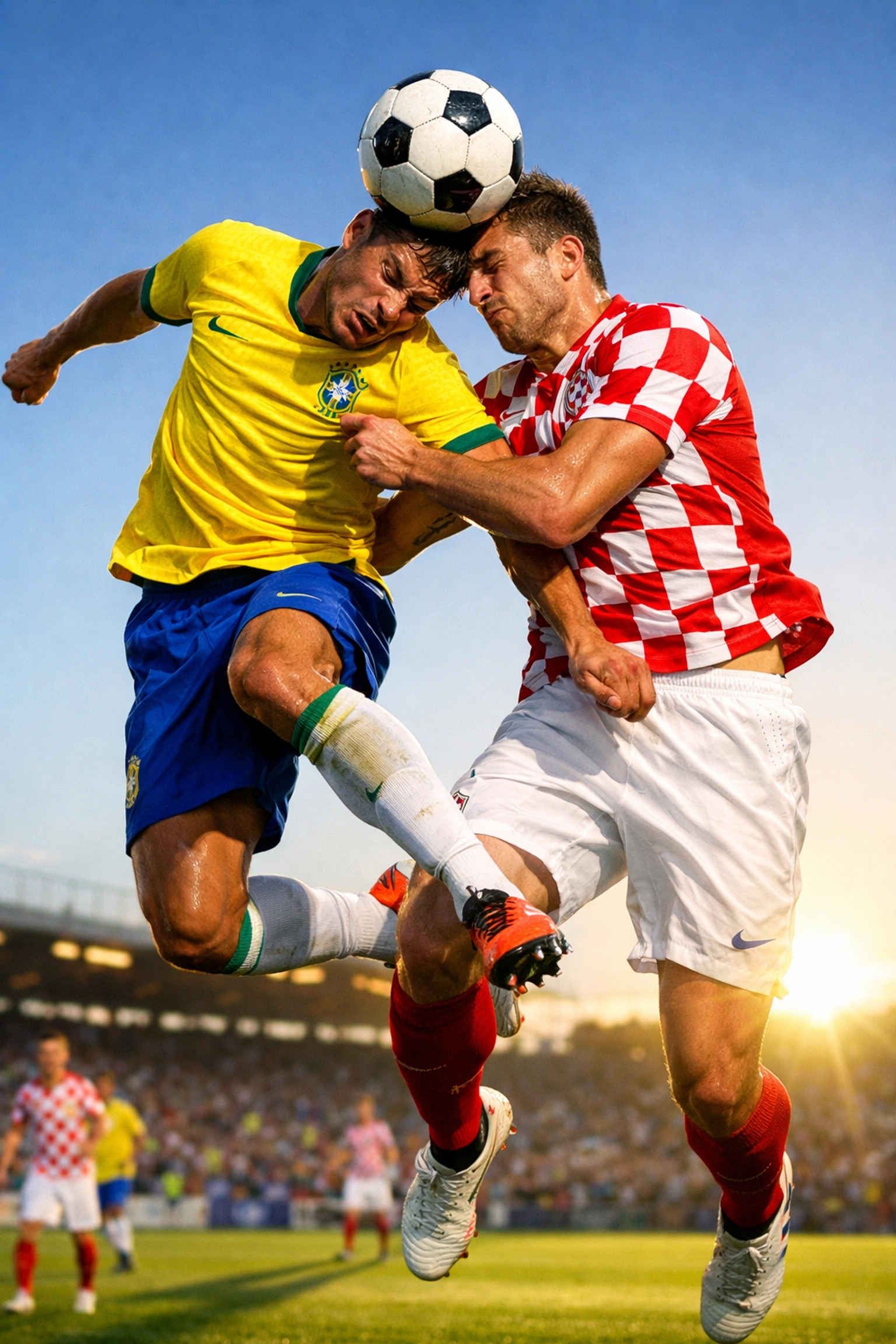 Kopfballduell beim interkontinentalen Länderspiel Kolumbien gegen Kroatien.