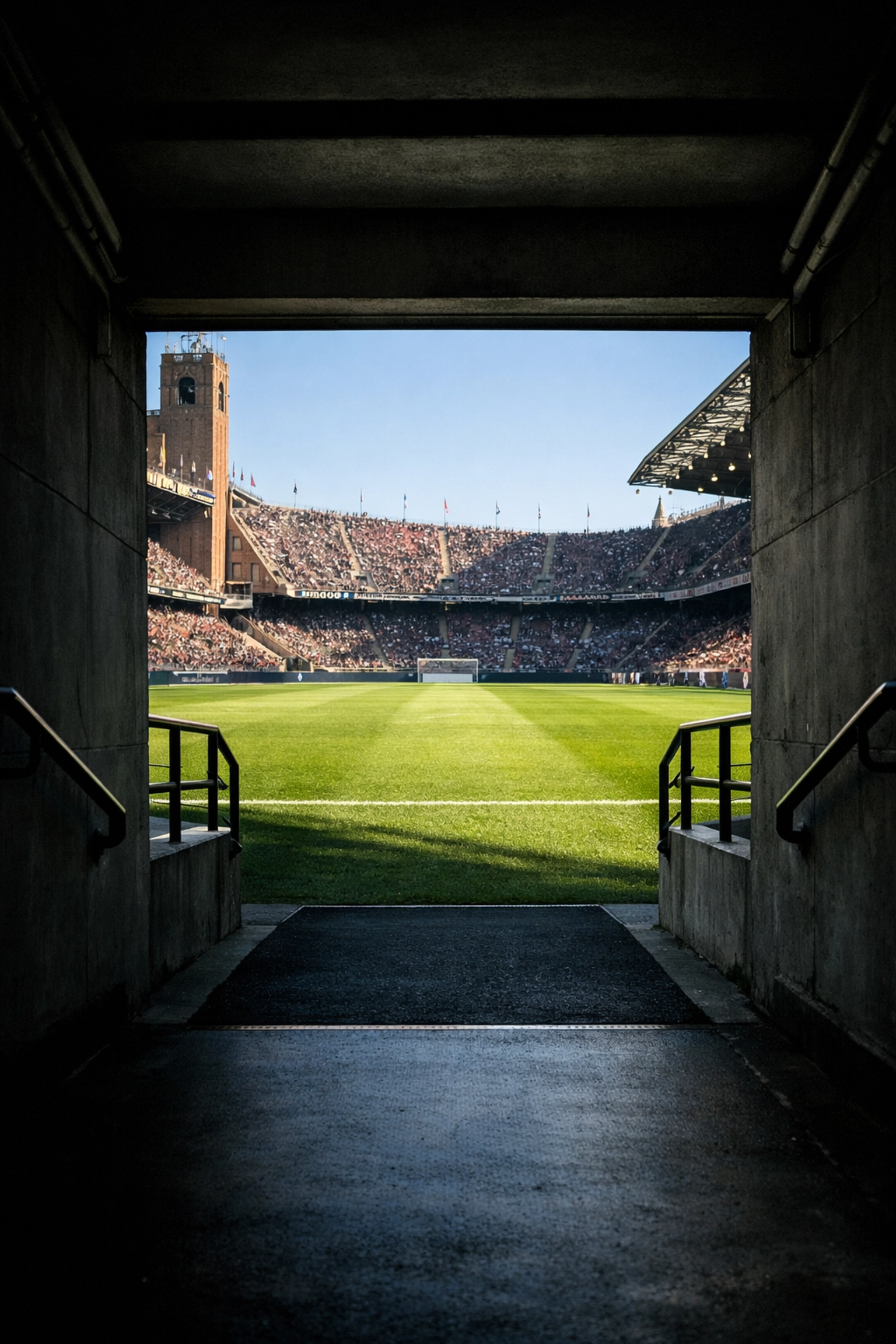 Blick aus dem Spielertunnel auf das Spielfeld vor dem Topspiel Juventus gegen AC Milan.