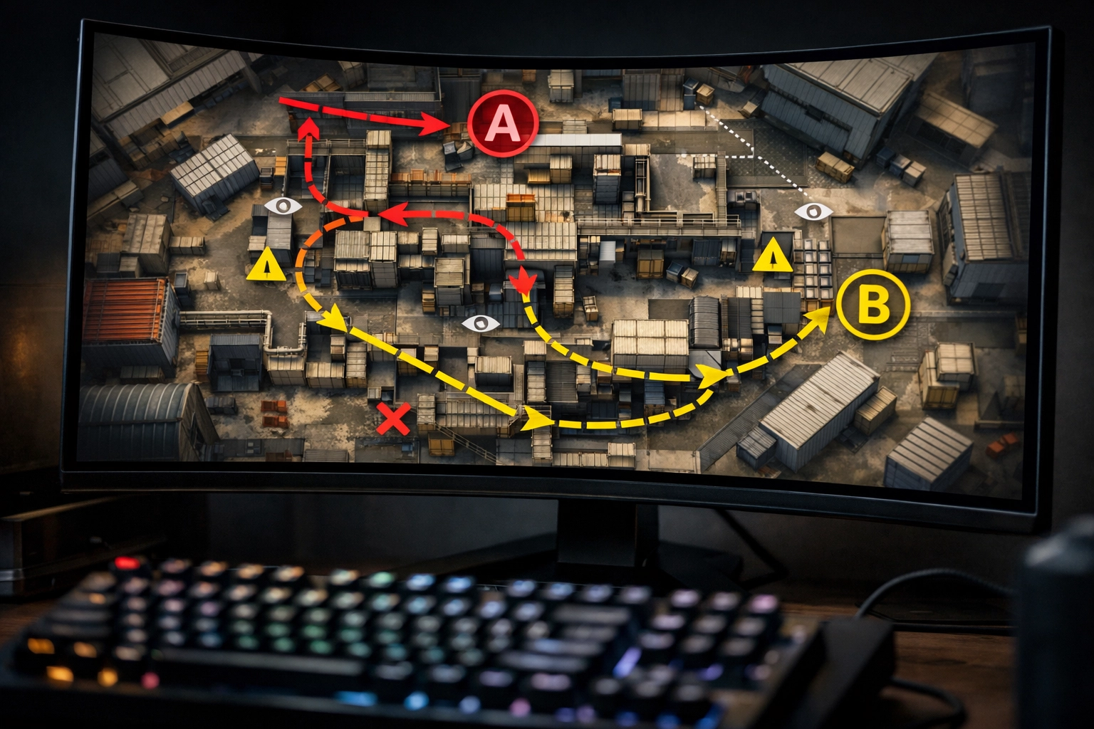 Detaillierte CS2 Map-Analyse auf einem Monitor zur strategischen Vorbereitung von Turnieren.