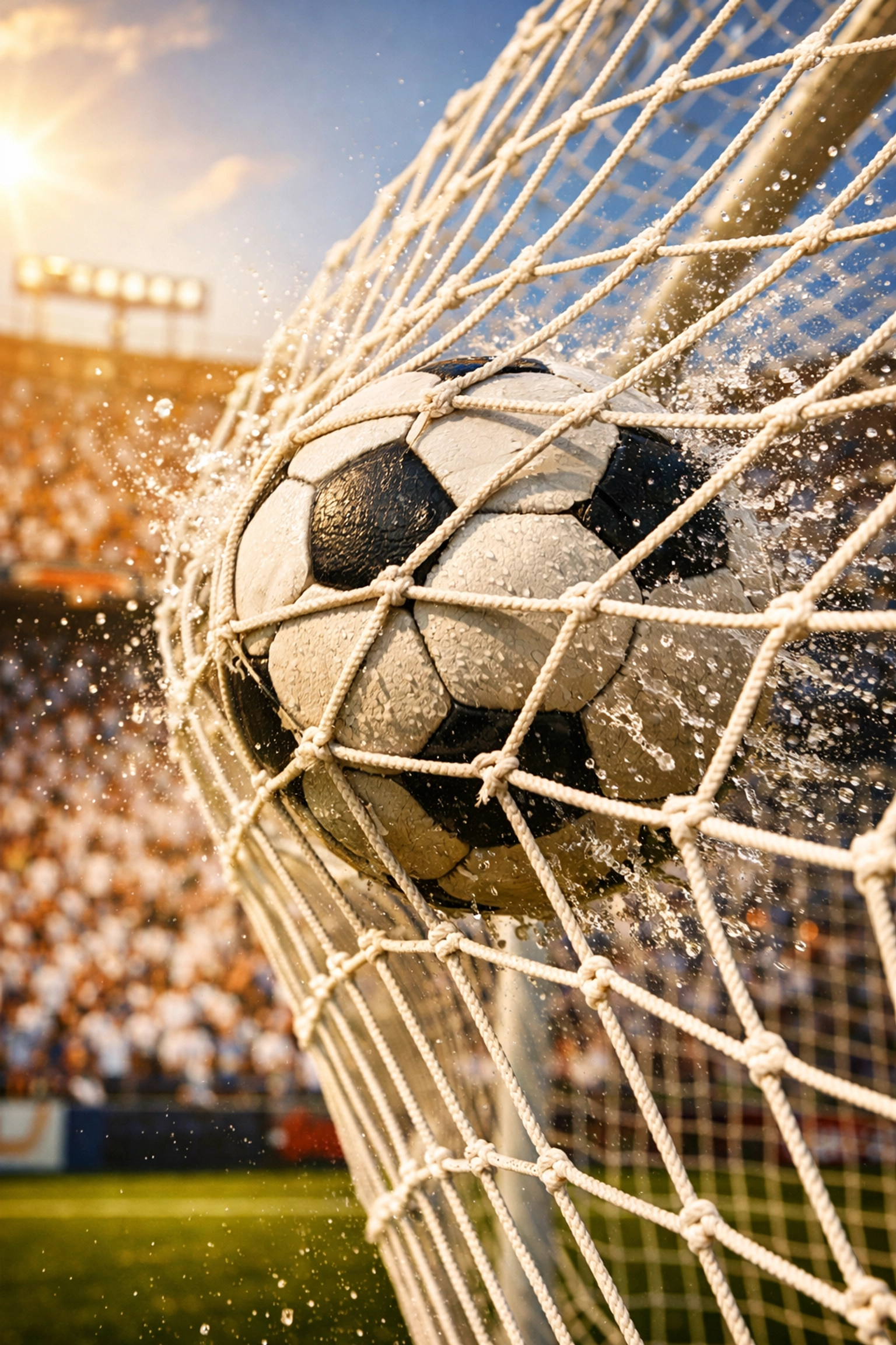 Detailaufnahme eines Fußballs im Tornetz als Illustration für Tor-Wahrscheinlichkeiten und Over-Wetten.