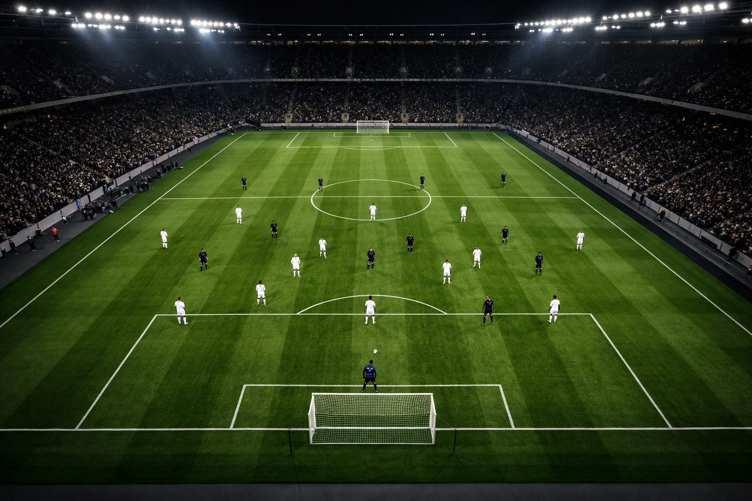 Taktische Formation beim Rheinderby zwischen Köln und Gladbach in der Bundesliga unter Flutlicht.