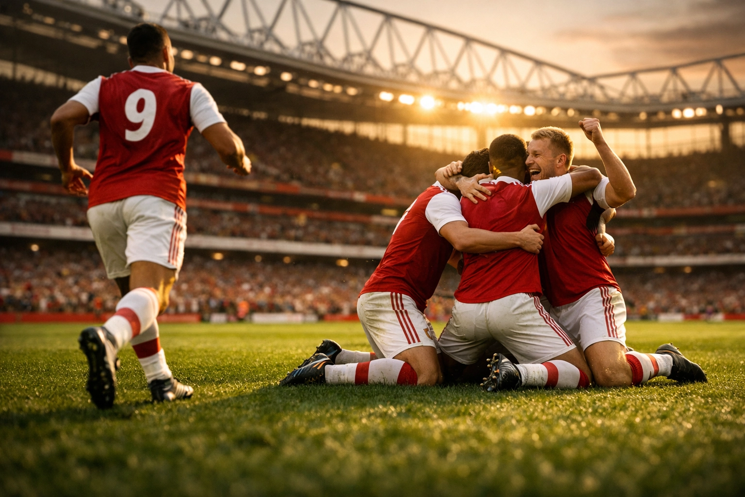 Jubelnde Arsenal-Spieler im Emirates Stadium bei einem Heimsieg in der Premier League