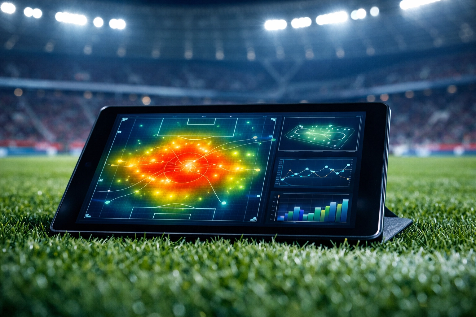 Fußball-Statistiken und Heatmap auf einem Tablet im Stadion zur Analyse Leverkusen gegen Bayern.