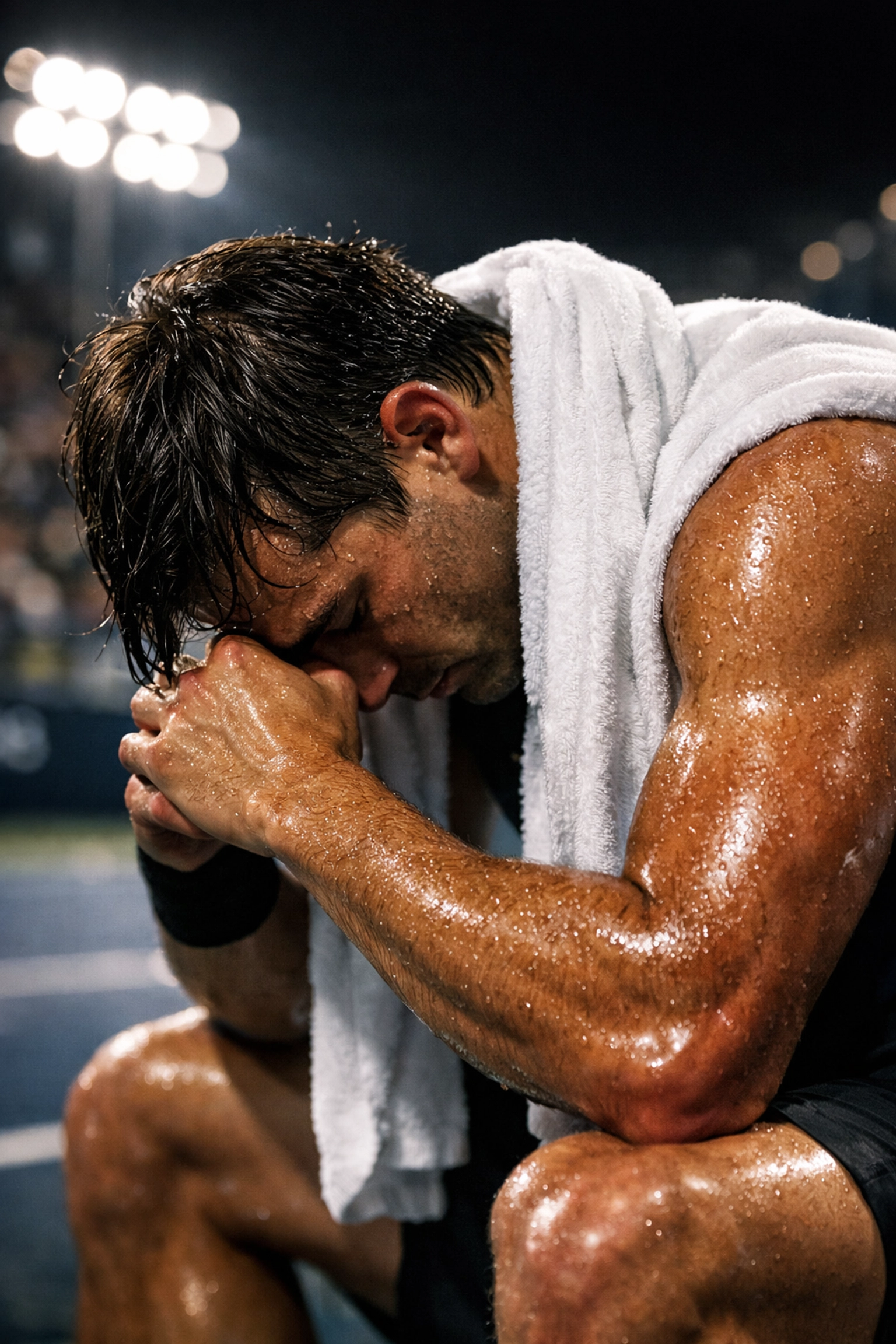 Erschöpfter Tennisspieler beim Seitenwechsel zur Analyse physischer Ermüdung.