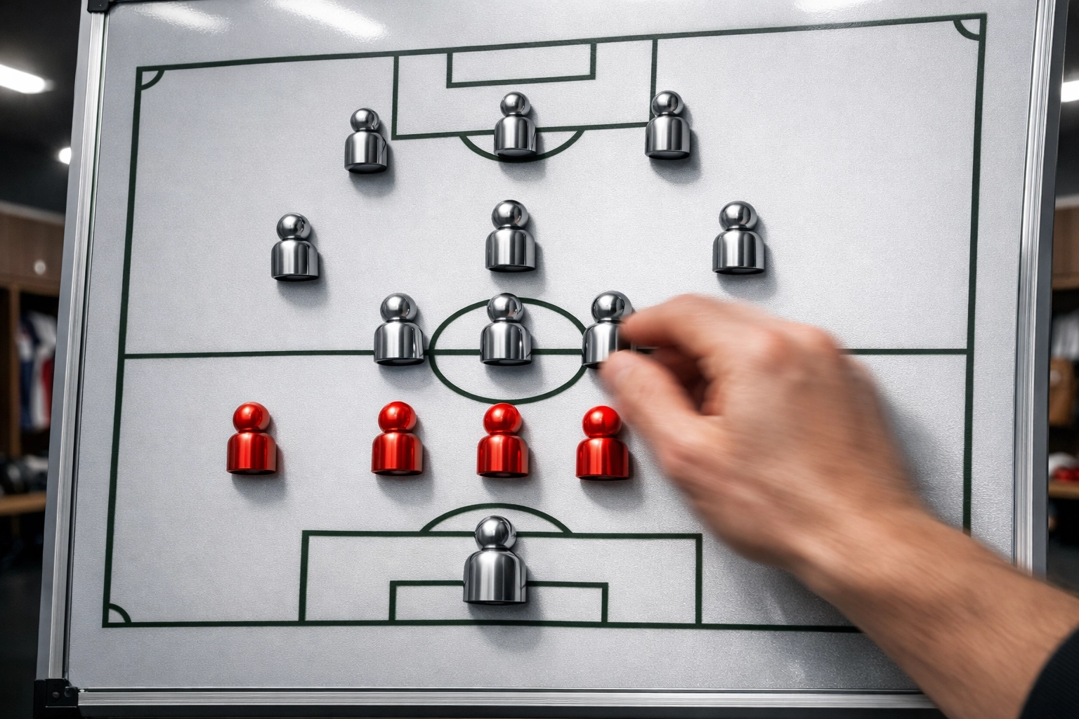 Taktische Analyse einer Fußball-Formation auf einer Magnettafel für strategische Marktbewertungen.