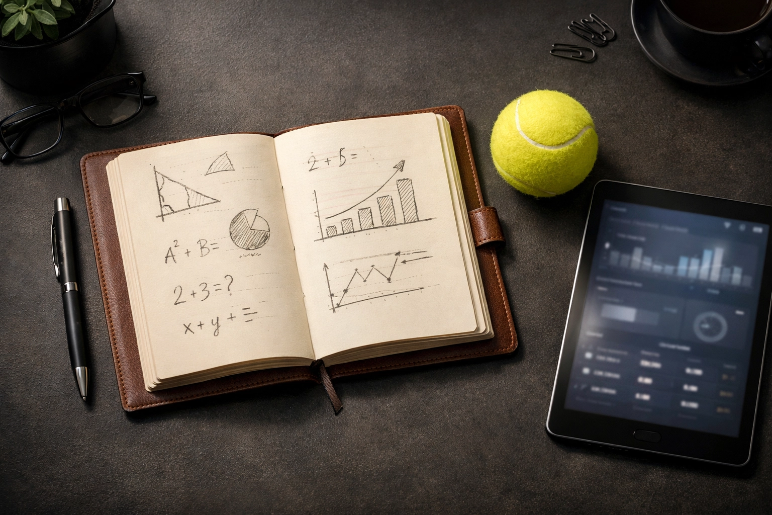 Strategische Planung der Tennis Formanalyse mit Notizbuch und statistischen Berechnungen.