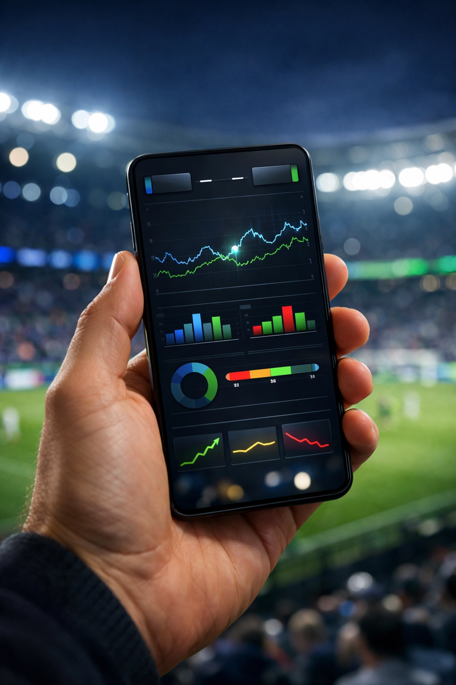 Analytische App eines neuen Wettanbieters in Deutschland mit Live-Daten im Fußballstadion.