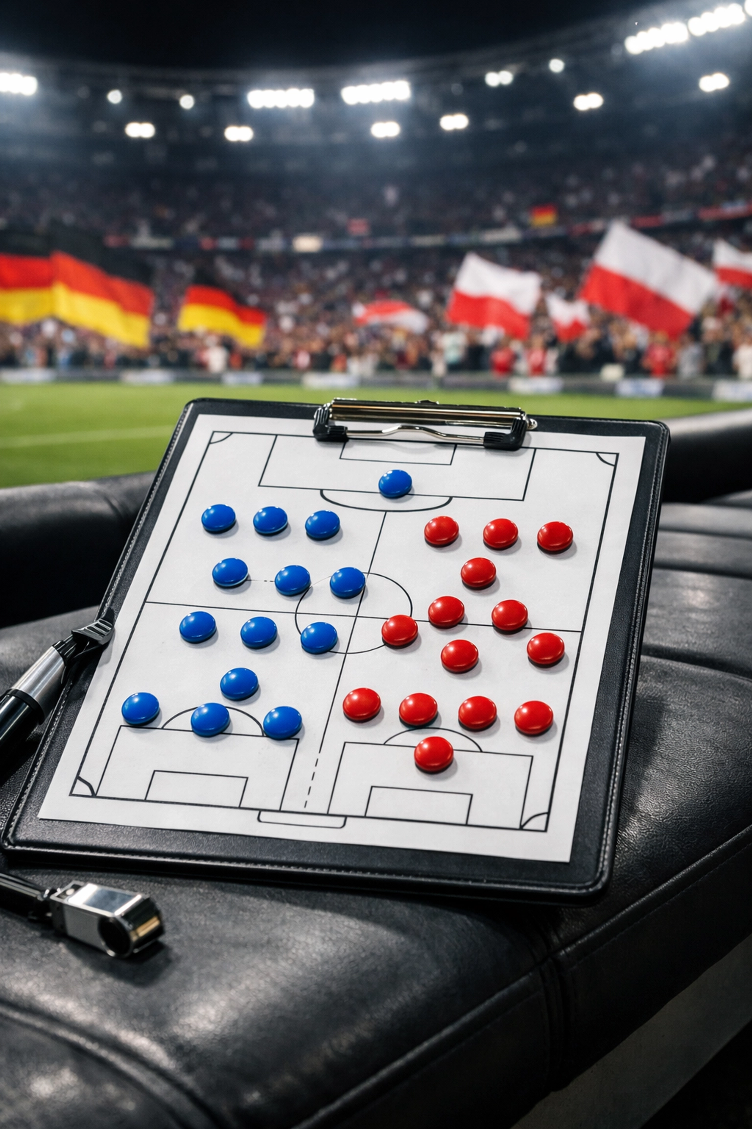 Taktik-Analyse auf dem Klemmbrett für das Länderspiel Schweiz gegen Deutschland.