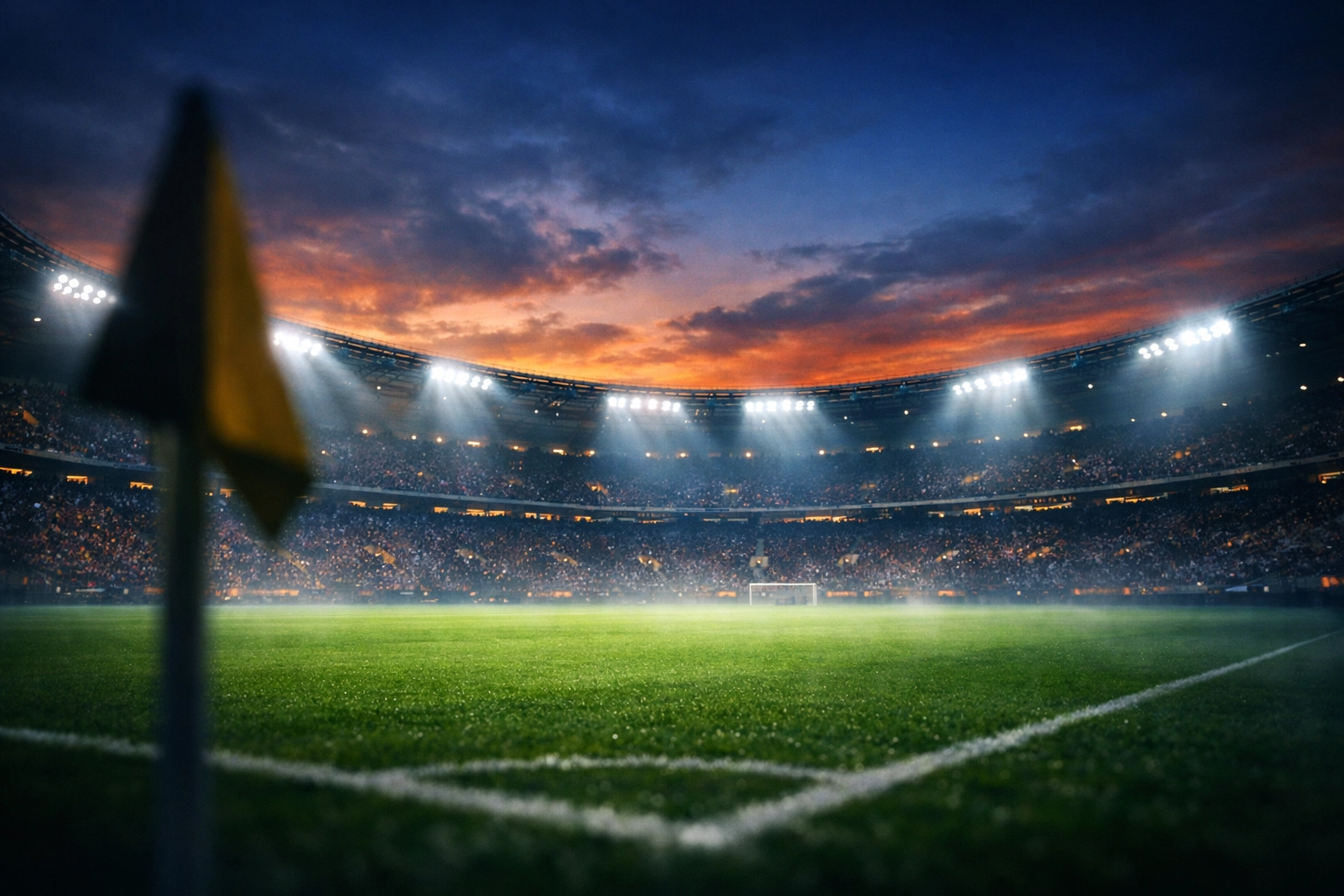 Beleuchtetes Fußballstadion am Abend als Kulisse für aktuelle Spieltagsvorschauen.