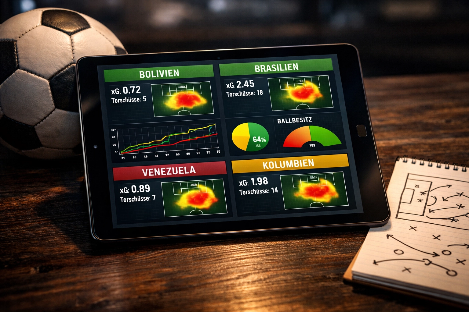 Datenanalyse zur WM-Quali Südamerika mit xG-Statistiken auf einem Tablet.