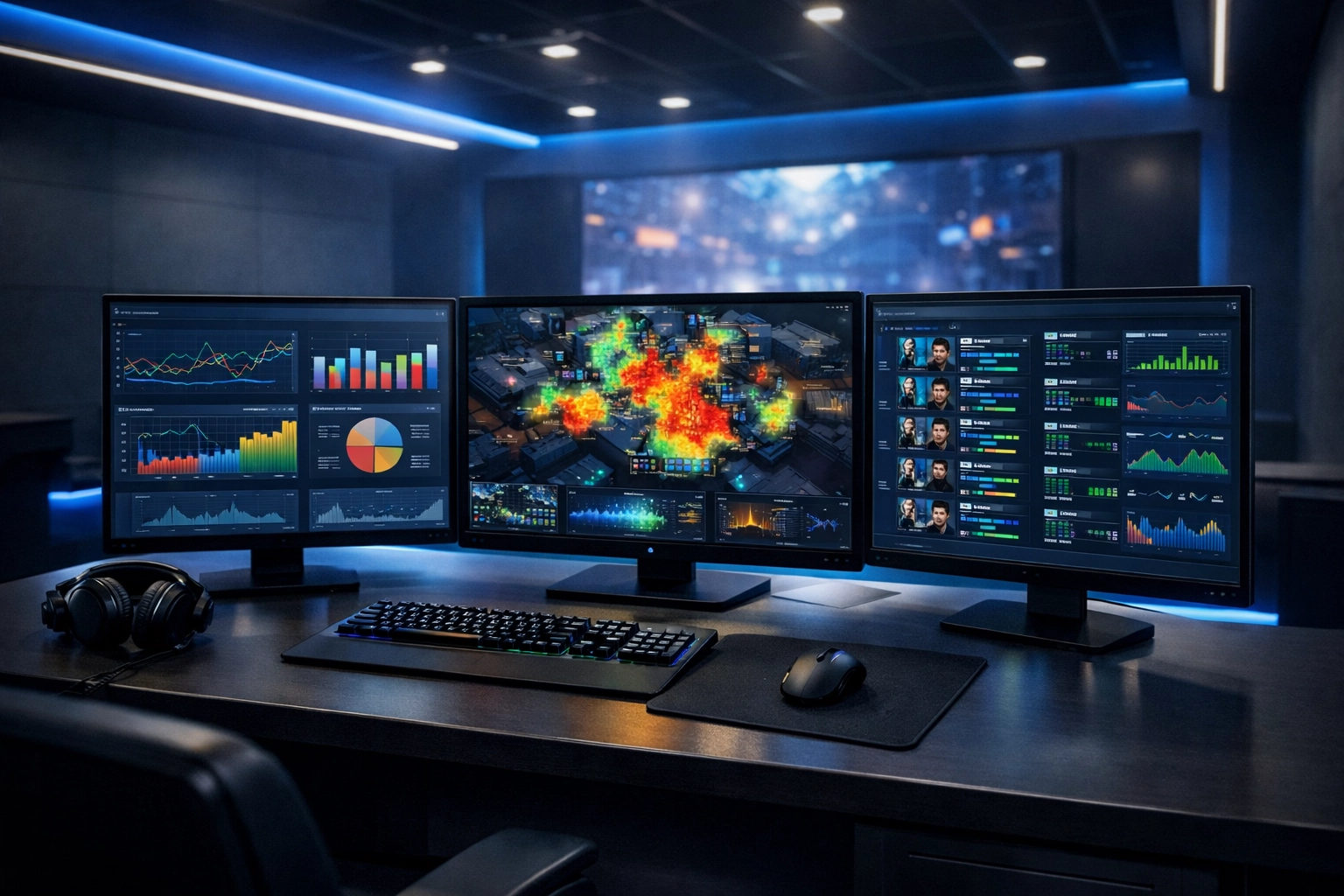 Professionelle E-Sports Live-Analyse Station mit Datenmonitoren und Heatmaps für Echtzeit-Statistiken.