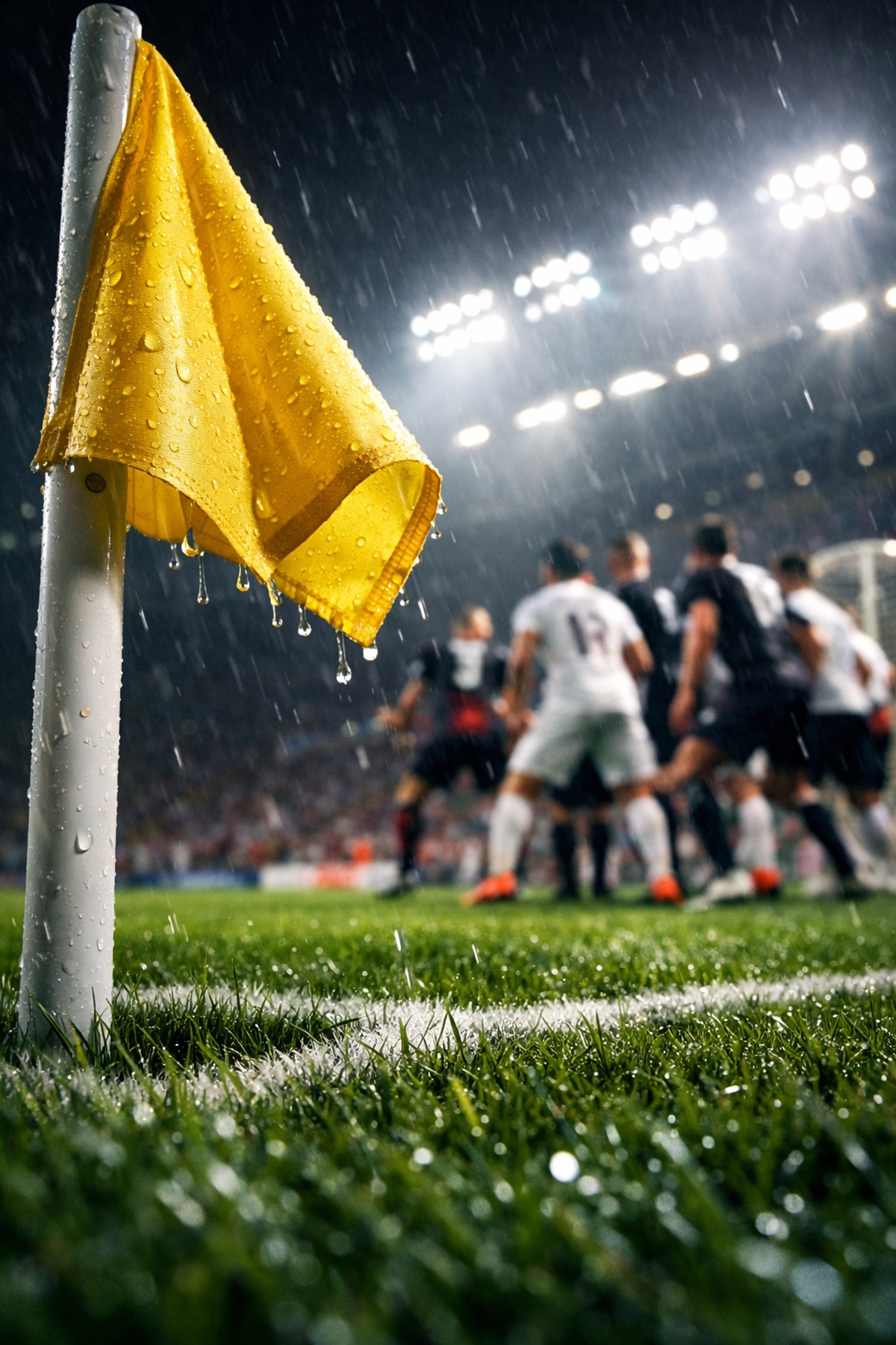 Detailaufnahme einer Eckfahne bei Flutlicht zur Analyse von Trends in Ecken-Märkten bei Live-Wetten.