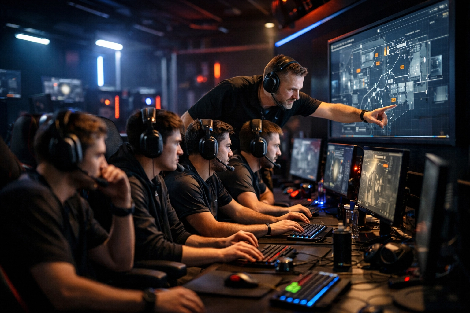 E-Sports Team und Coach bei der taktischen Analyse zur Früherkennung von Spielwenden im Match.