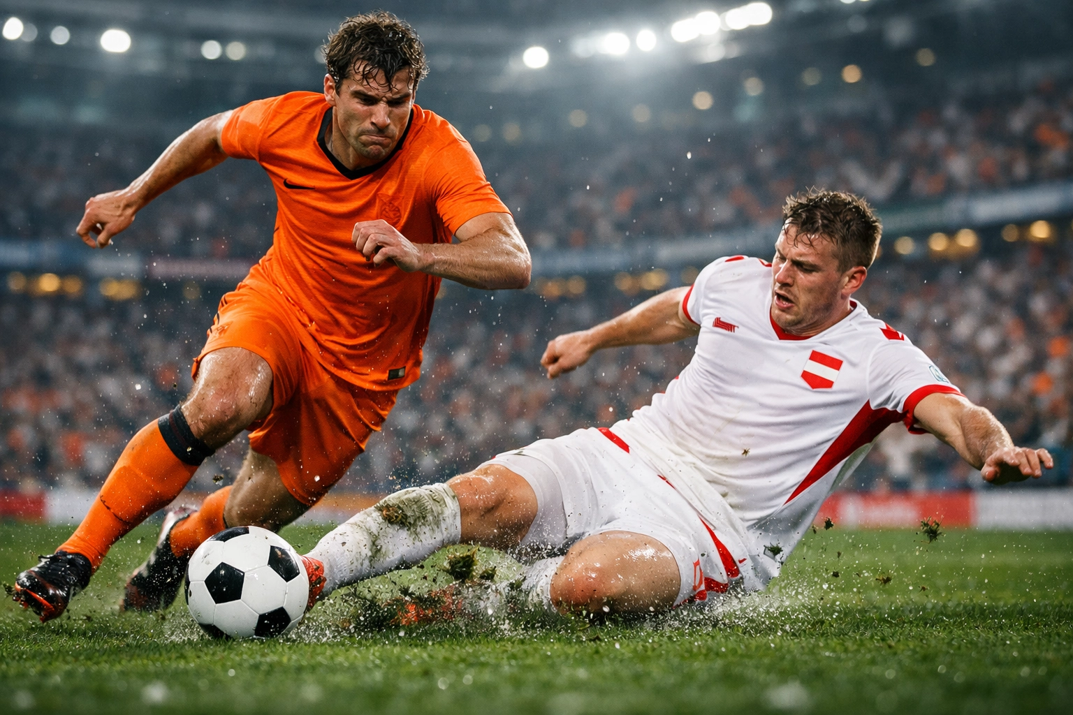 Intensiver Zweikampf im WM-Qualifikationsspiel zwischen den Niederlanden und Österreich.