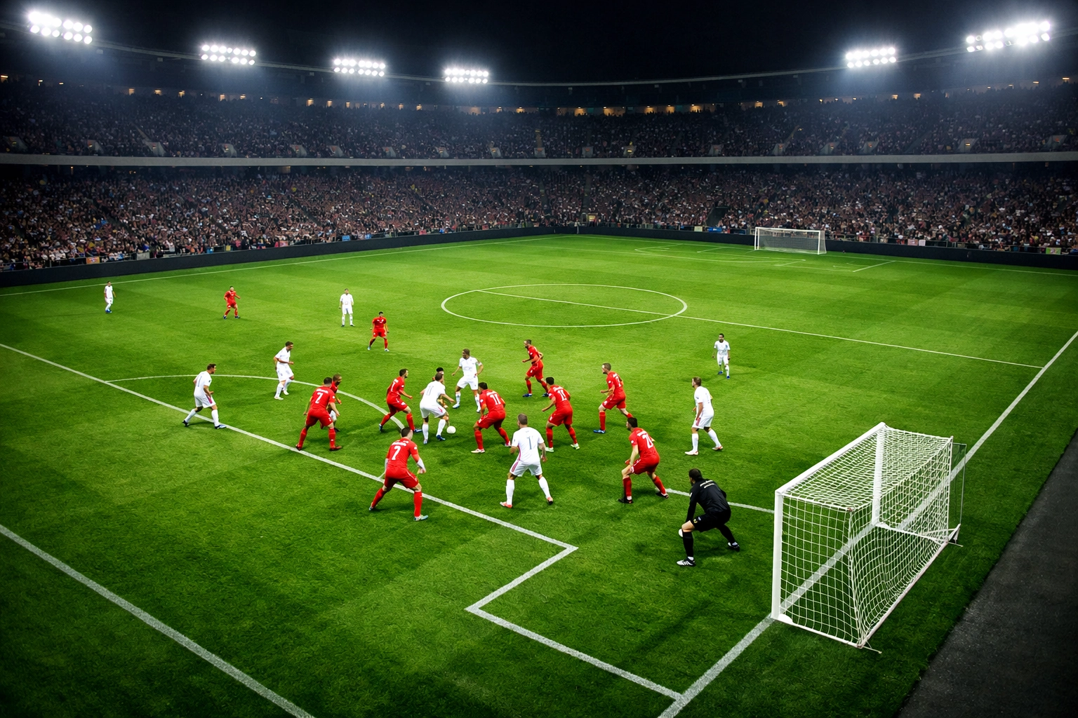 Taktische Formation von Fußballspielern im Strafraum bei einem Live-Event unter Flutlicht