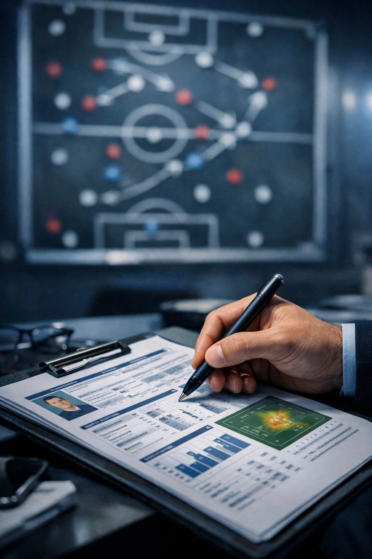 Analyst prüft einen taktischen Spielerbericht zur Bewertung von Ausfällen und Strategien.