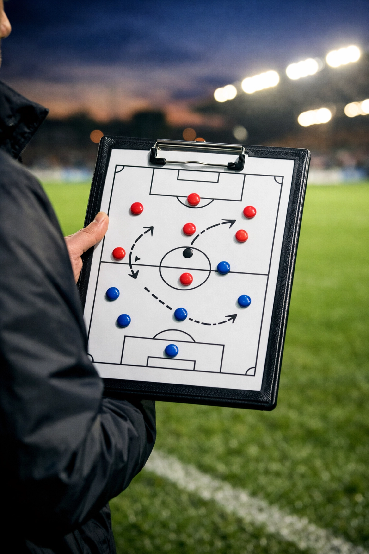 Taktische Analyse auf einem Klemmbrett zur Berechnung von Value und Quoten am Spieltag.